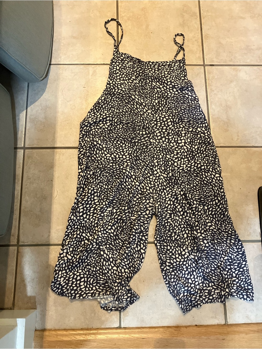 Navy and White Printed Spaghetti-Strap Jumpsuit